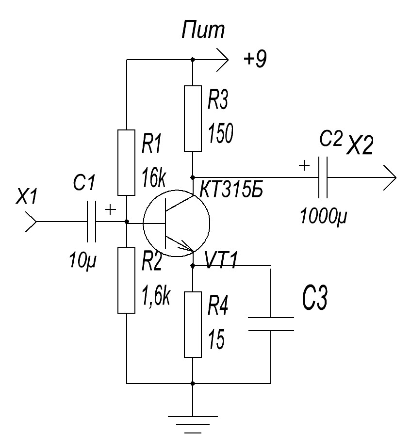 Вход усилителя звука. Усилитель звуковой частоты на одном транзисторе схема. Схема простого усилителя на транзисторах кт315. Усилитель низкой частоты на транзисторах кт315. Схема усилителя низкой частоты на кт 315.
