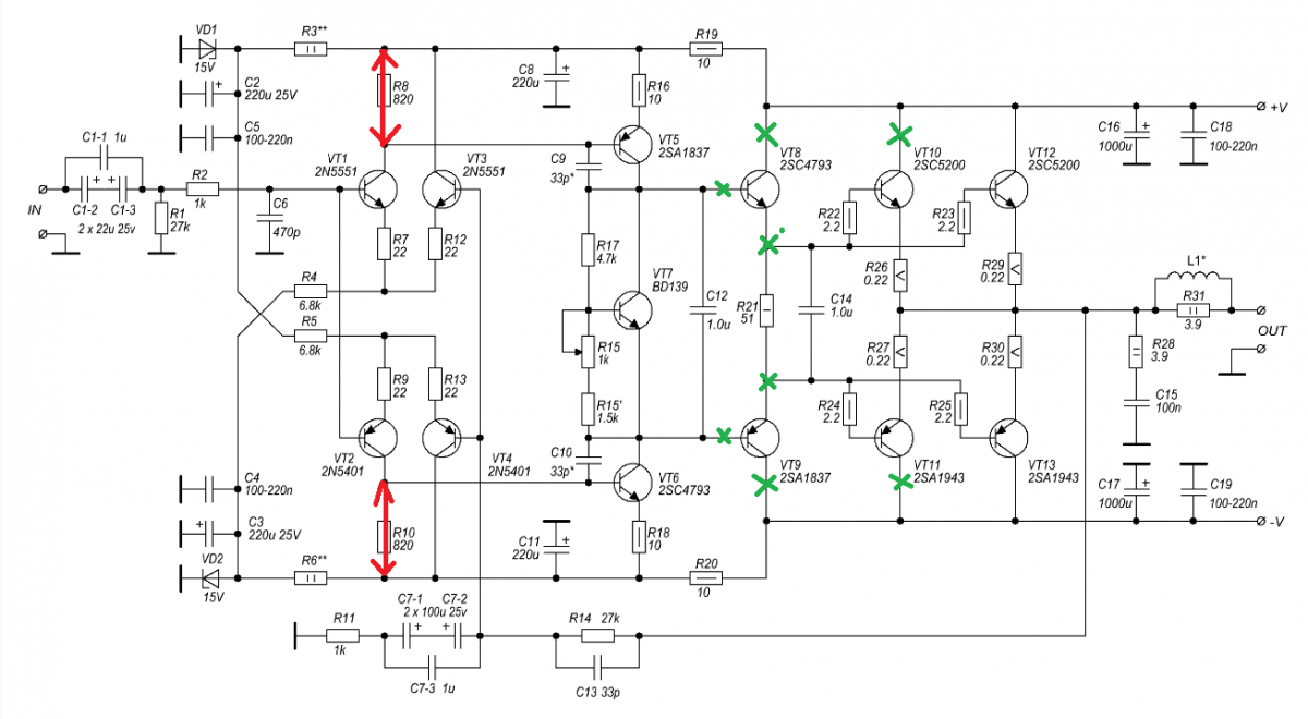 Выходные унч. Схемы усилителя мощности на транзисторах на 500 ватт. Схема усилителя мощности на транзисторах кт818 кт819 схема. Усилитель низкой частоты кт818 кт819 схема. Усилитель 50 ватт схема на кт транзисторах.