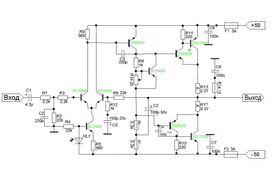 Усилитель мощности на 2SC5200 2SA1943 100Вт circuit